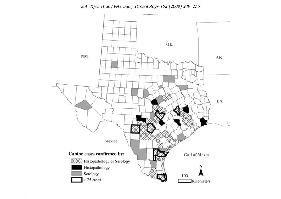 Mapa de condados en Texas simbolizados por numero de casos confirmados de Chagas en caninos.